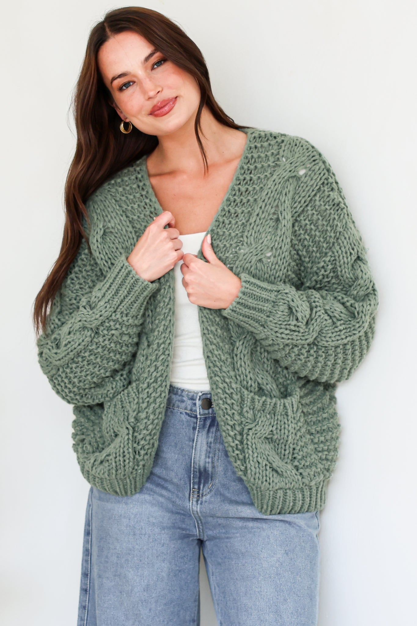 Elias Cardigan - Open Front Thick Cable Knit with Pockets in Sage