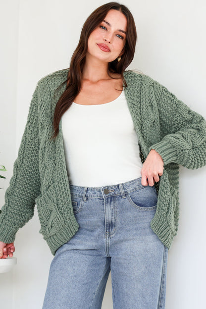Elias Cardigan - Open Front Thick Cable Knit with Pockets in Sage