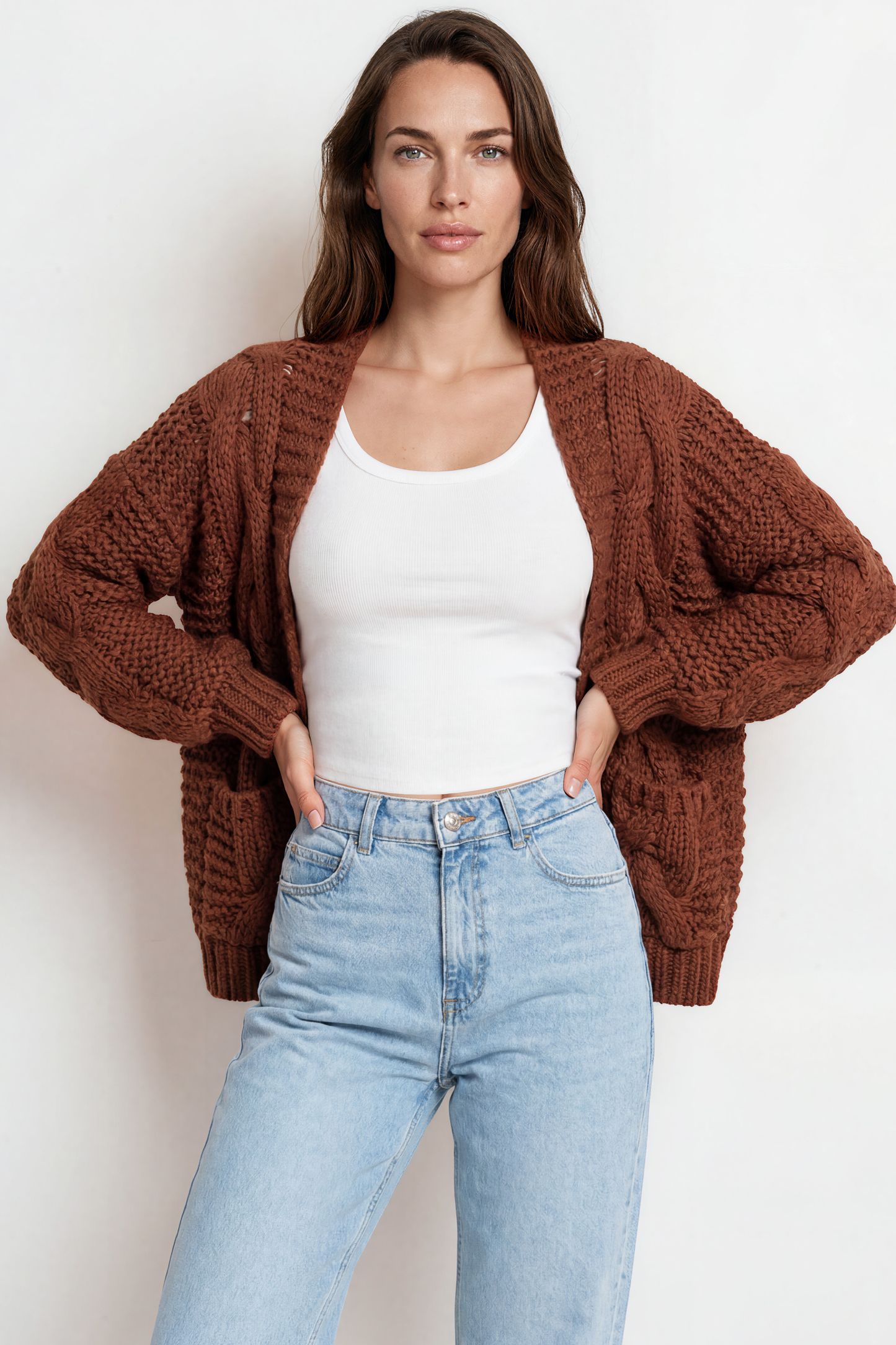 Elias Cardigan - Open Front Thick Cable Knit with Pockets in Brown