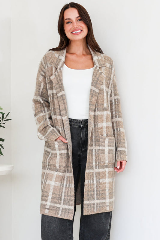 Ellington Cardigan - Lapel Collar Checkered Knit with Pockets in Taupe