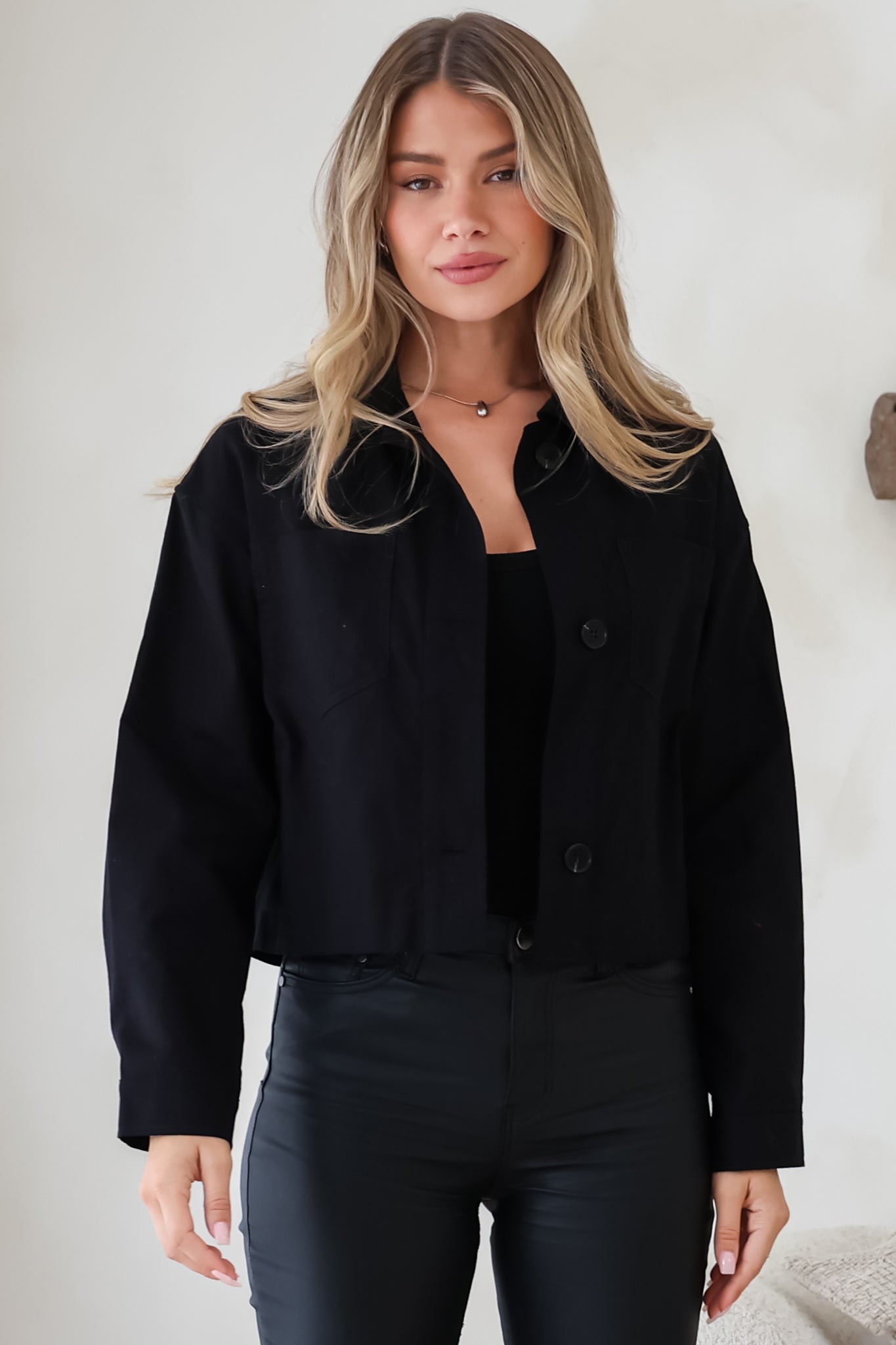 Elma Jacket - Wing Collar Button Down Cropped Jacket in Black