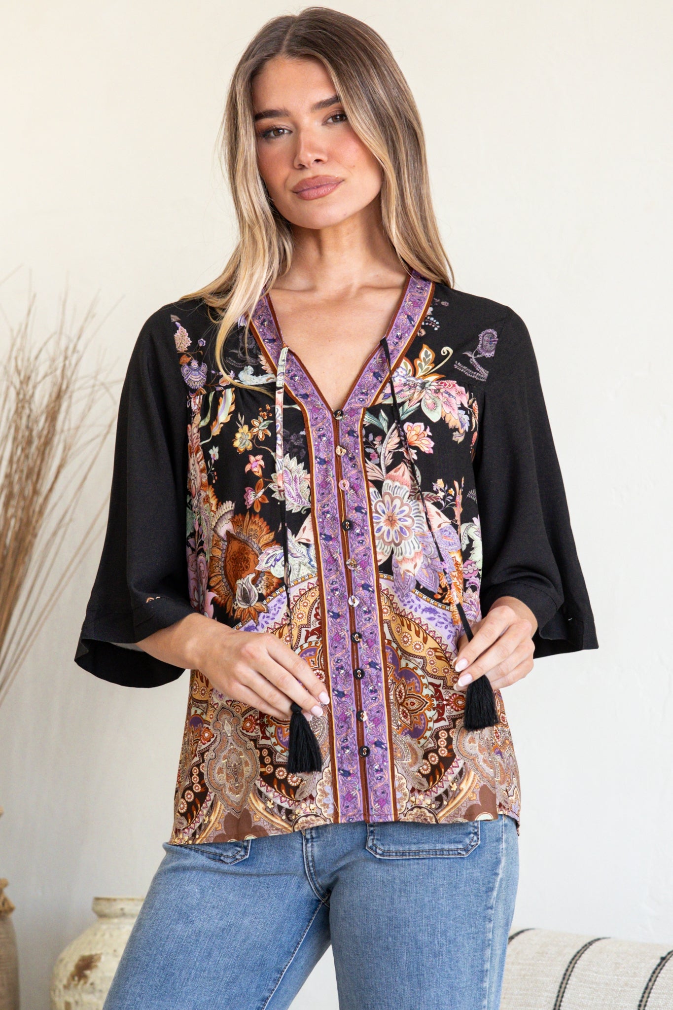 Elysia Blouse - Deep V Neck Button Down 3/4 Sleeve Top in Zaria Print