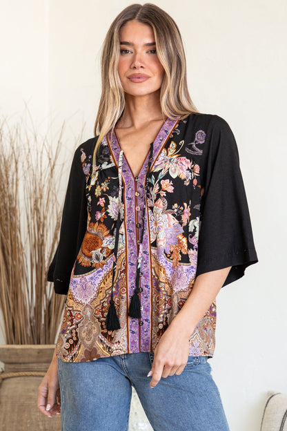 Elysia Blouse - Deep V Neck Button Down 3/4 Sleeve Top in Zaria Print