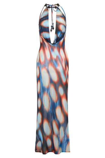 Ethel Mesh Cowl Plunge Maxi - Blue Abstract Print