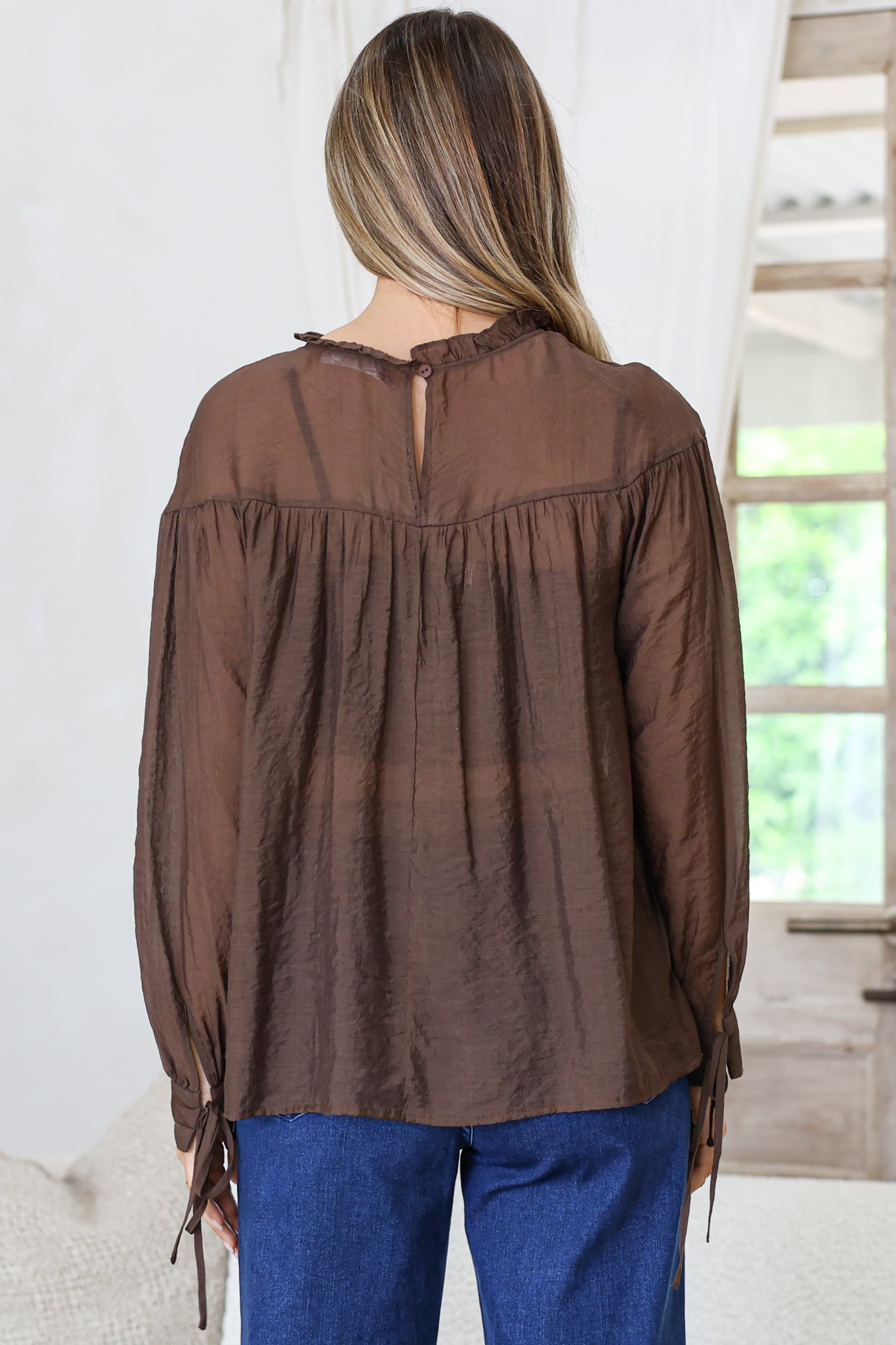 Evelyne Blouse - Frill Detailed Sheer Blouse with Balloon Sleeves with Tie Detail in Chocolate
