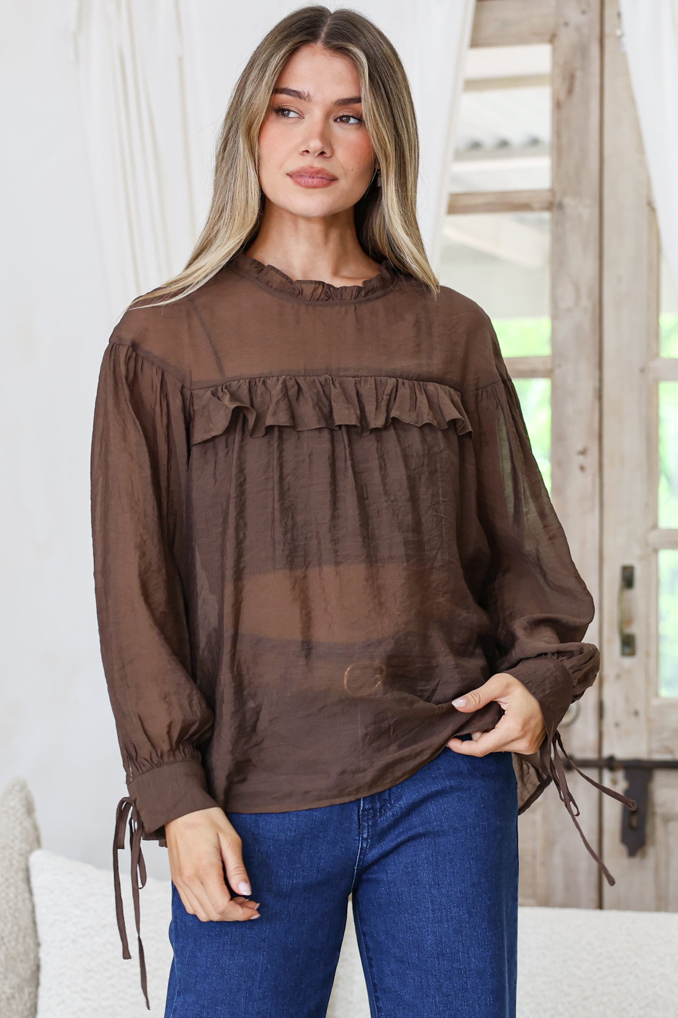 Evelyne Blouse - Frill Detailed Sheer Blouse with Balloon Sleeves with Tie Detail in Chocolate