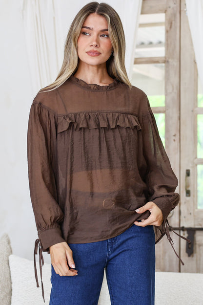 Evelyne Blouse - Frill Detailed Sheer Blouse with Balloon Sleeves with Tie Detail in Chocolate