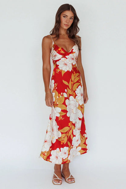 Infinity Pintuck Bust Midi Dress Flower Red