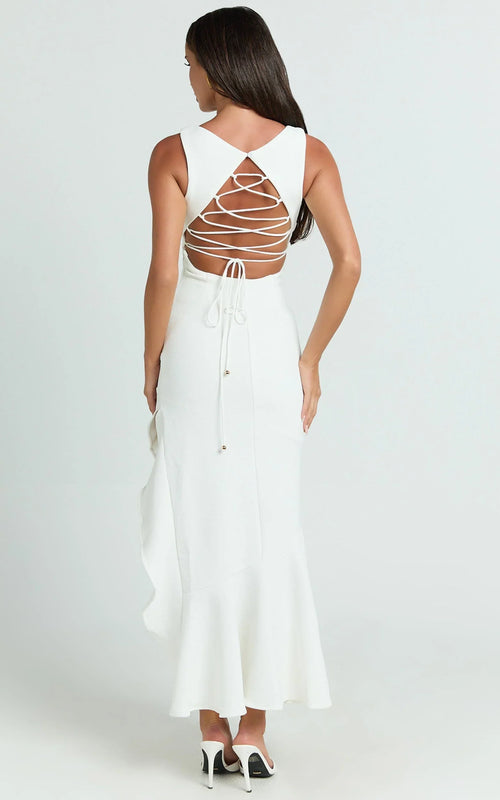 Luiza Midi Dress - Ruffle Hem Corset Back Dress in White