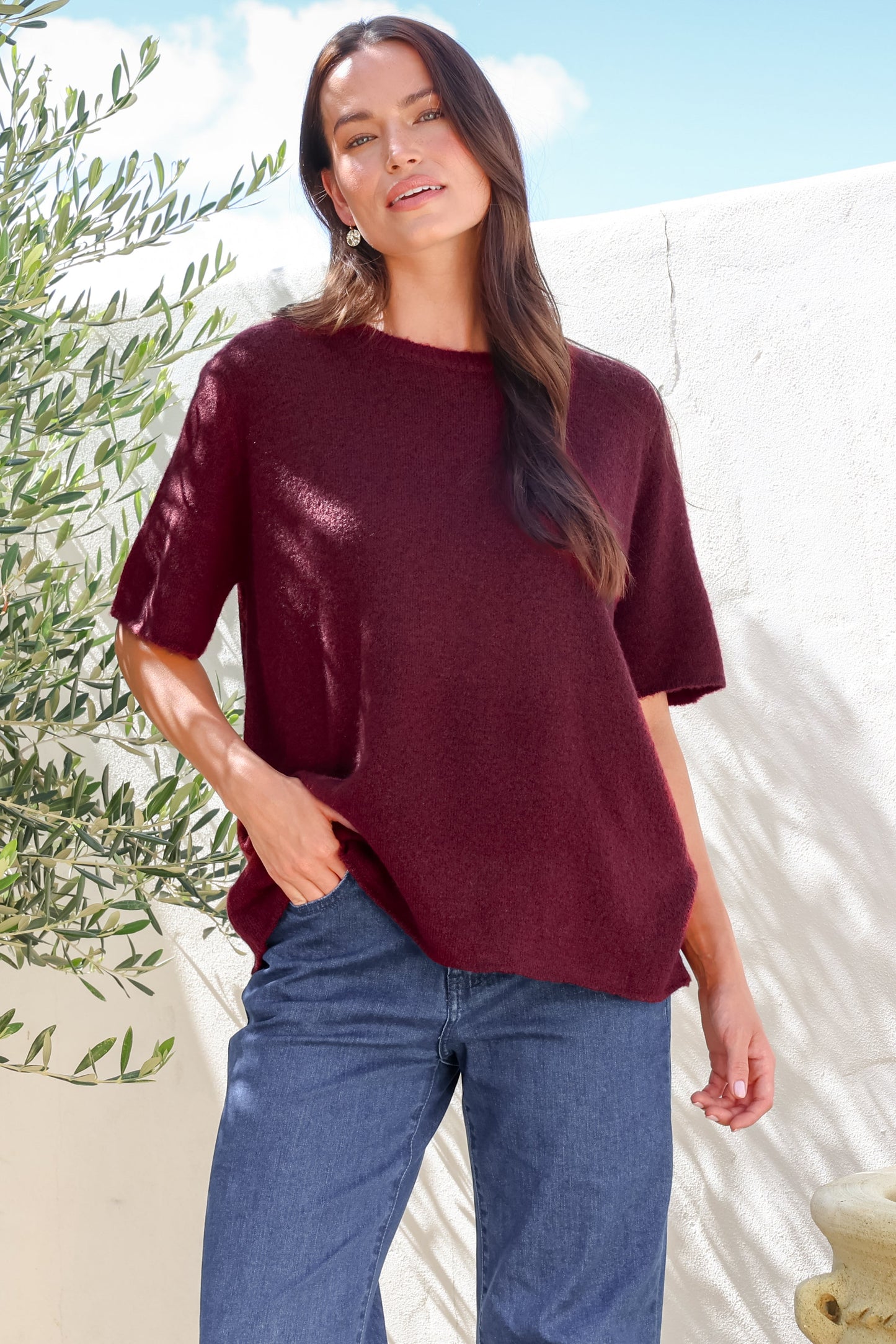 Fable Knit Top - Crew Neck Relaxed Super Soft Knit Tee in Wine