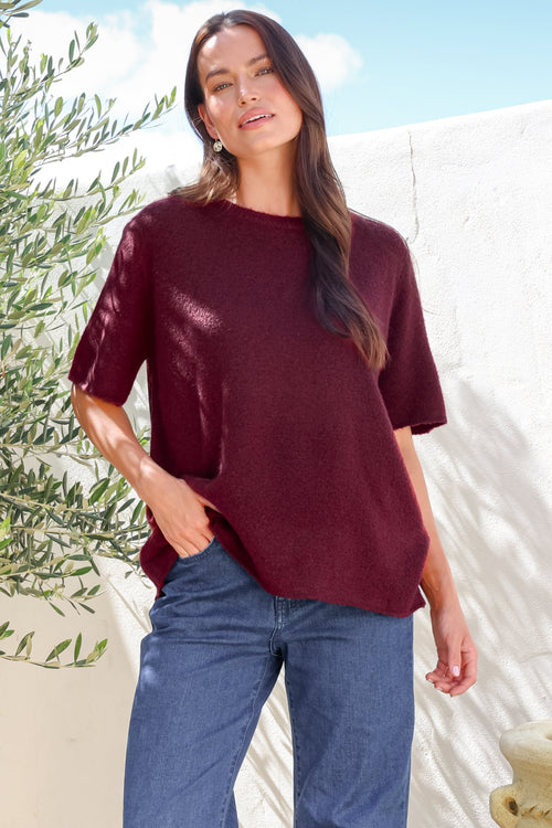 Fable Knit Top - Crew Neck Relaxed Super Soft Knit Tee in Wine