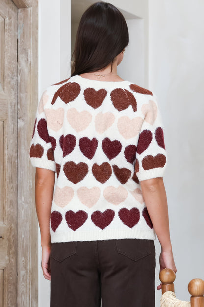 Filippa Knit Top - Crew Neck Short Sleeve Woven Heart Print Knit in Wine