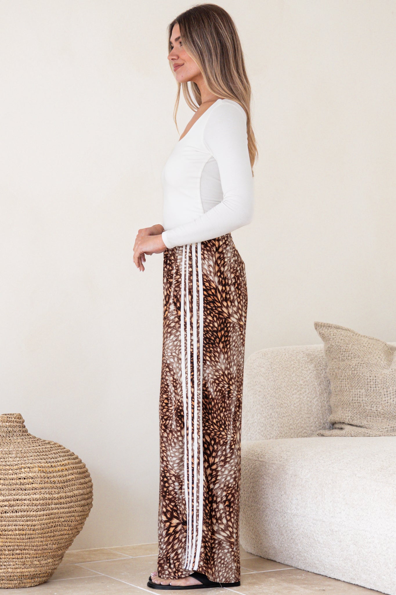 Fritz Pants - High Waisted Wide Leg Pants with Sports Stripe Side Seams in Talon Print