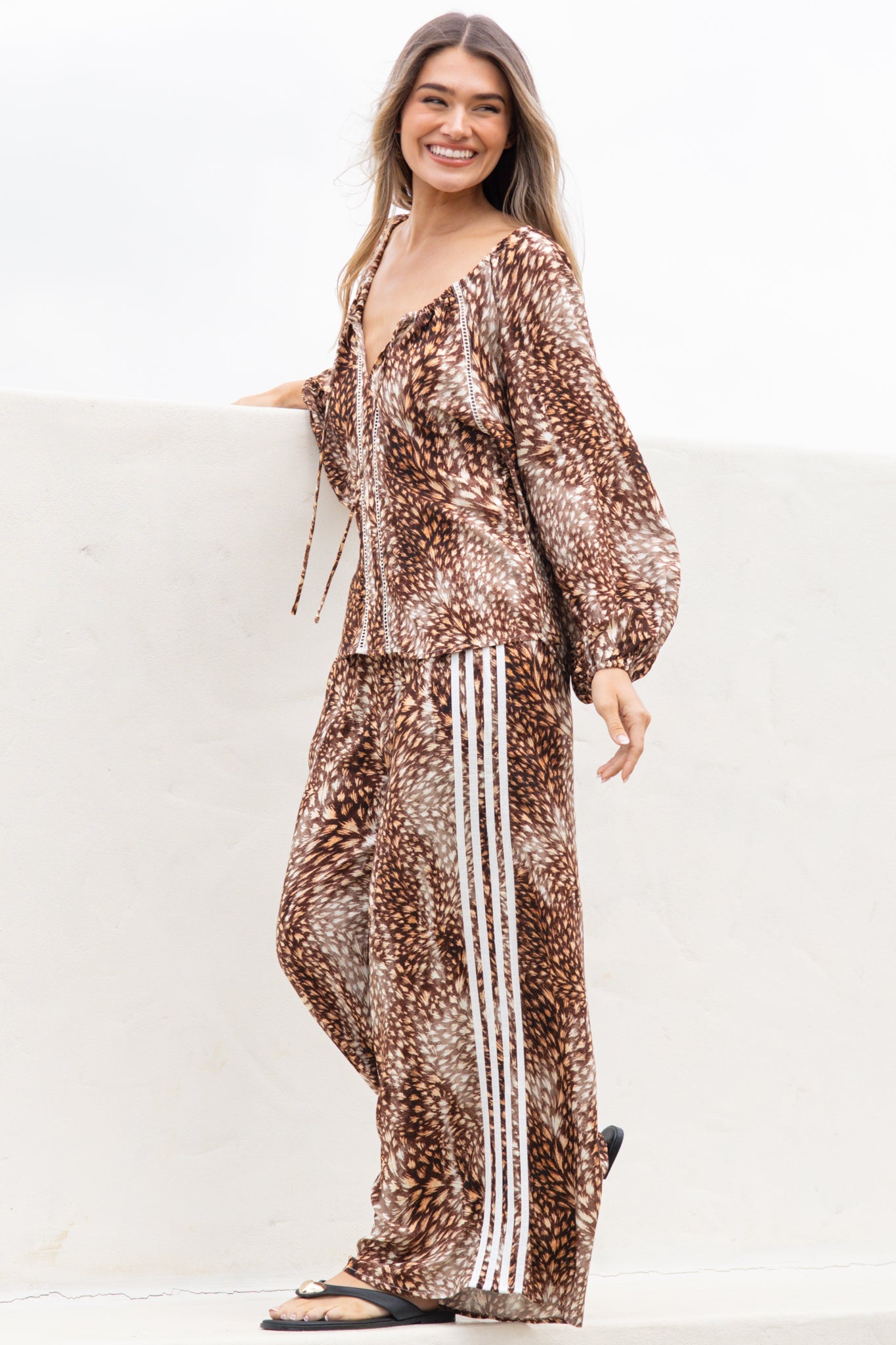 Fritz Pants - High Waisted Wide Leg Pants with Sports Stripe Side Seams in Talon Print