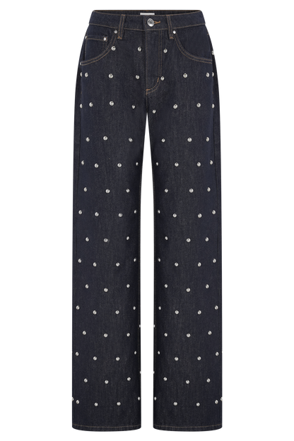 Alima Mid Rise Stud Denim Jeans - Washed Indigo Blue