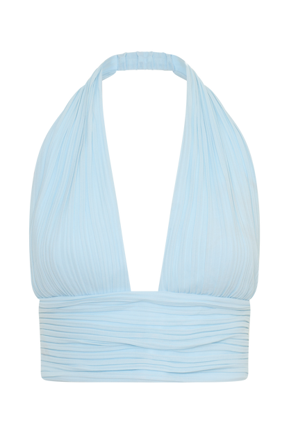 Amaris Sleeveless Plisse Halter Top - Pale Blue