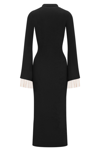 Amirose Ruffle Knit Midi Dress - Black