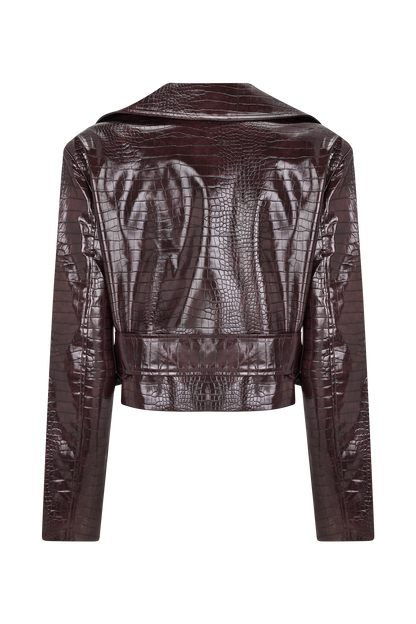 Archie Croc Faux Leather Cropped Jacket - Burgundy
