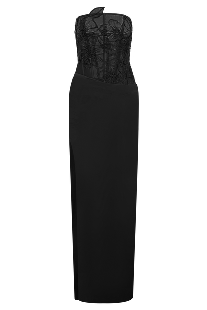 Asha Floral Mesh And Satin Maxi Dress - Black
