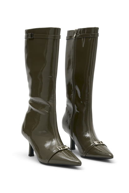 Astra Patent Faux Leather Buckle Boot - Khaki