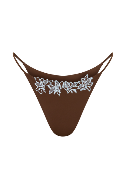 Bloom Embroidered Bikini Bottom - Chocolate With Pale Blue Embroidery