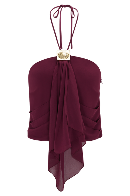 Celina Chiffon Halter Top With Hardware - Cherry Red