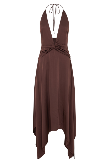 Cyra Plunge Satin Midi Dress - Dark Chocolate