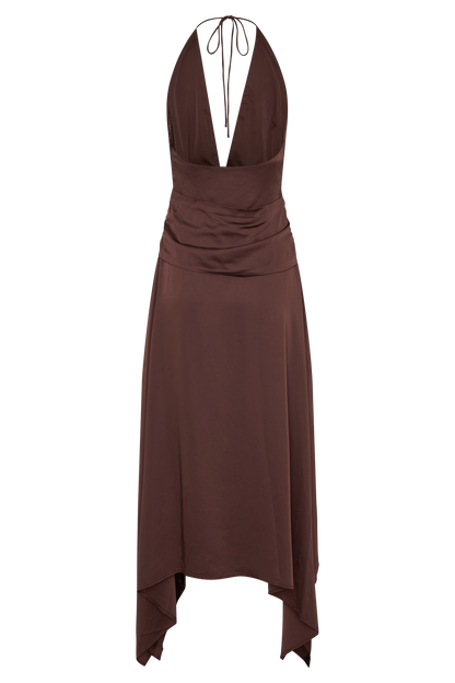Cyra Plunge Satin Midi Dress - Dark Chocolate
