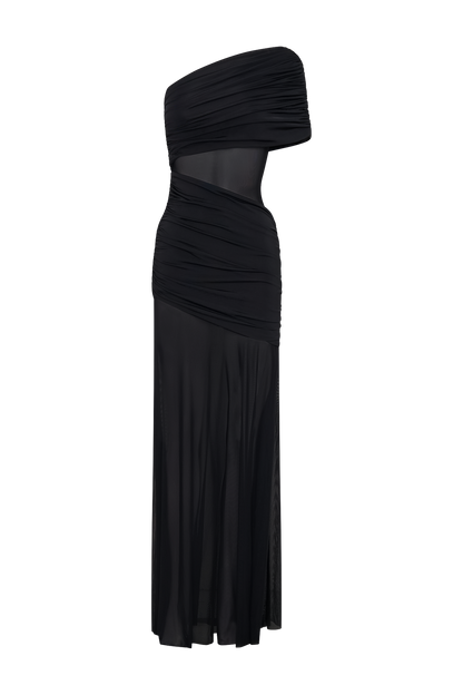 Dallas One Shoulder Mesh Maxi Dress - Black