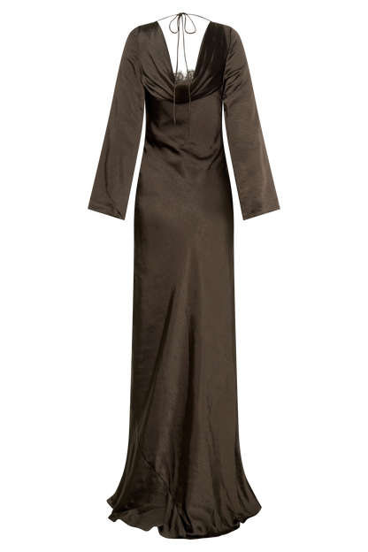 Eliza Long Sleeve Cowl Lace And Satin Maxi Dress - Mocha