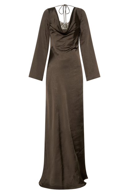 Eliza Long Sleeve Cowl Lace And Satin Maxi Dress - Mocha