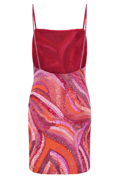 Eloise Hand Beaded Mini Dress - Pink Swirl Print