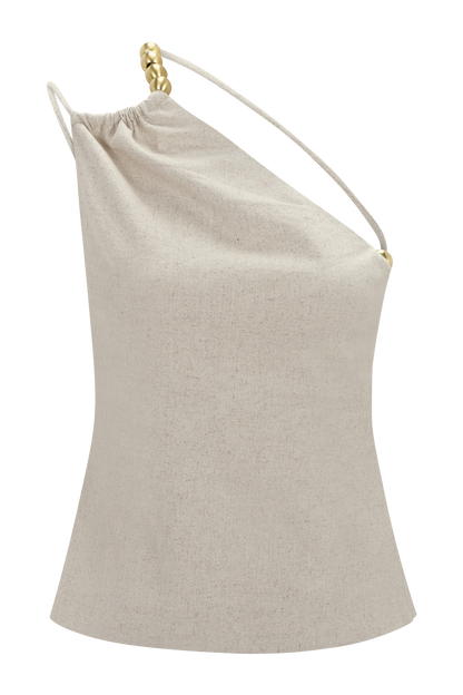Gabby Asymmetrical Neckline Linen Beaded Top - Natural
