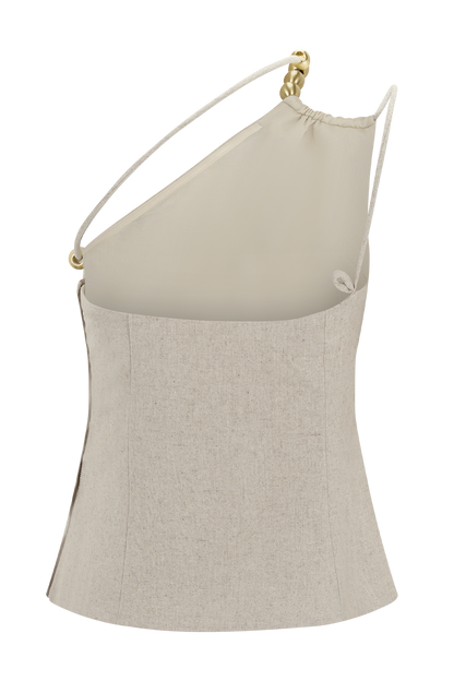 Gabby Asymmetrical Neckline Linen Beaded Top - Natural