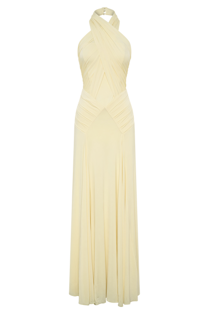 Indira Gathered Slinky Halter Maxi Dress - Lemon