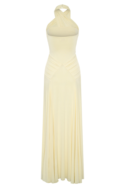 Indira Gathered Slinky Halter Maxi Dress - Lemon