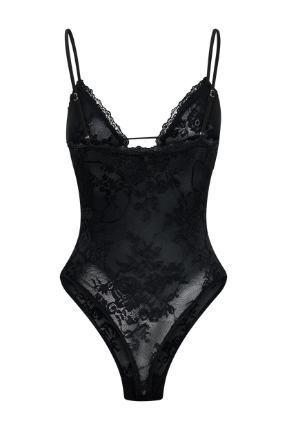 Jasper Sheer Plunge Lace Bodysuit - Black