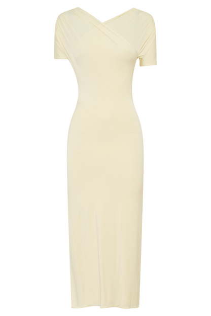 Junie Cross-Over Neck Slinky Maxi Dress - Lemon