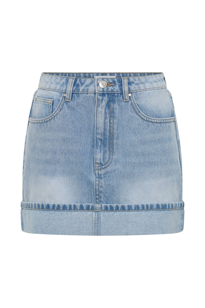 Lakoda Cuffed Denim Mini Skirt - Washed Light Blue