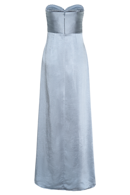 Larissa Satin Maxi Dress With Ruched Petals - Frosted Blue