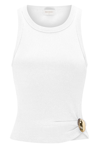 Lola Ribbed Sleeveless Top With Hardware - White