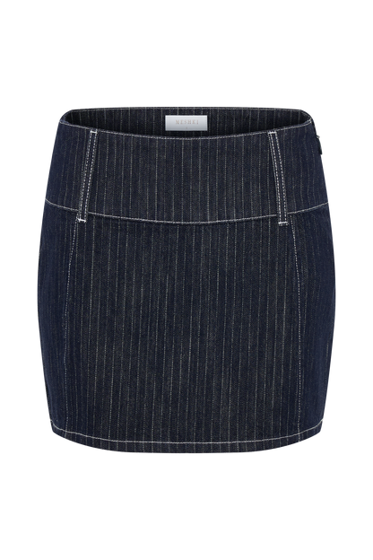 Loraine Mid Rise Denim Mini Skirt - Indigo Pinstripe