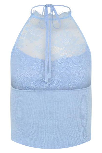 Lucy Lace And Knit Halter Top - Cornflower Blue