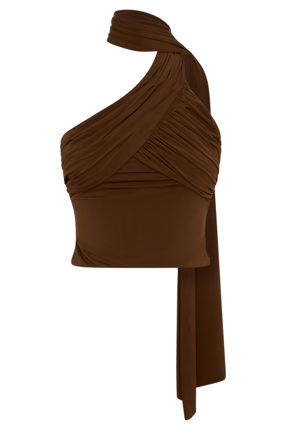 Lydia Slinky Asymmetrical Halter Top - Chocolate