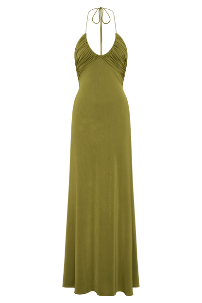 Maely Gathered Slinky Maxi Dress - Olive