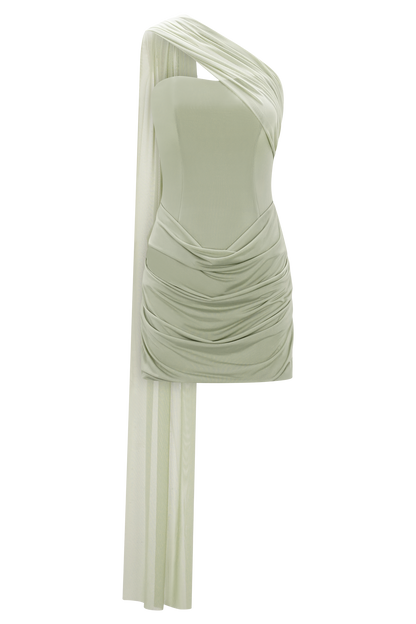 Mattea Slinky And Mesh Mini Dress With Scarf - Sage