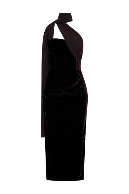 Mattea Velvet Midi Dress With Scarf - Chocolate