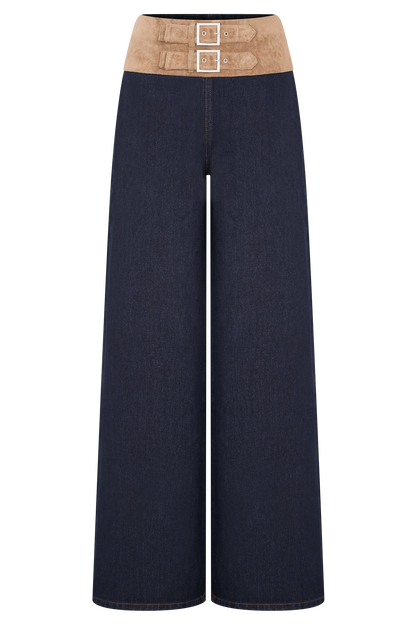 Miranda Faux Suede Belted Denim Wide Leg Jeans - Indigo Blue