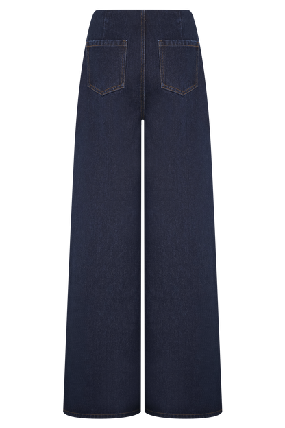 Miranda Faux Suede Belted Denim Wide Leg Jeans - Indigo Blue