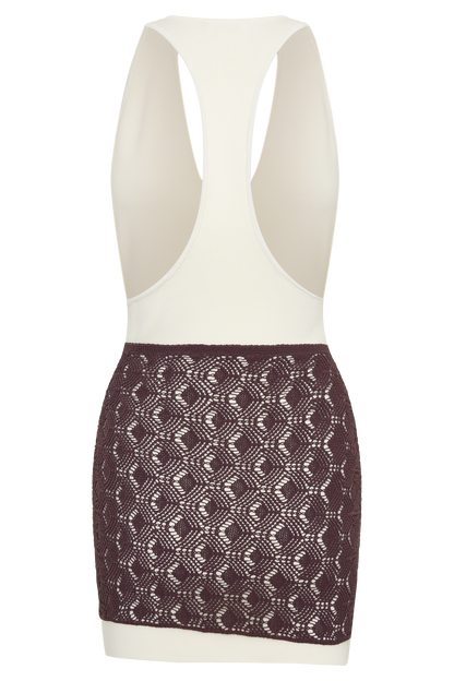 Mollie Mini Dress With Crochet Overlay - White/Chocolate